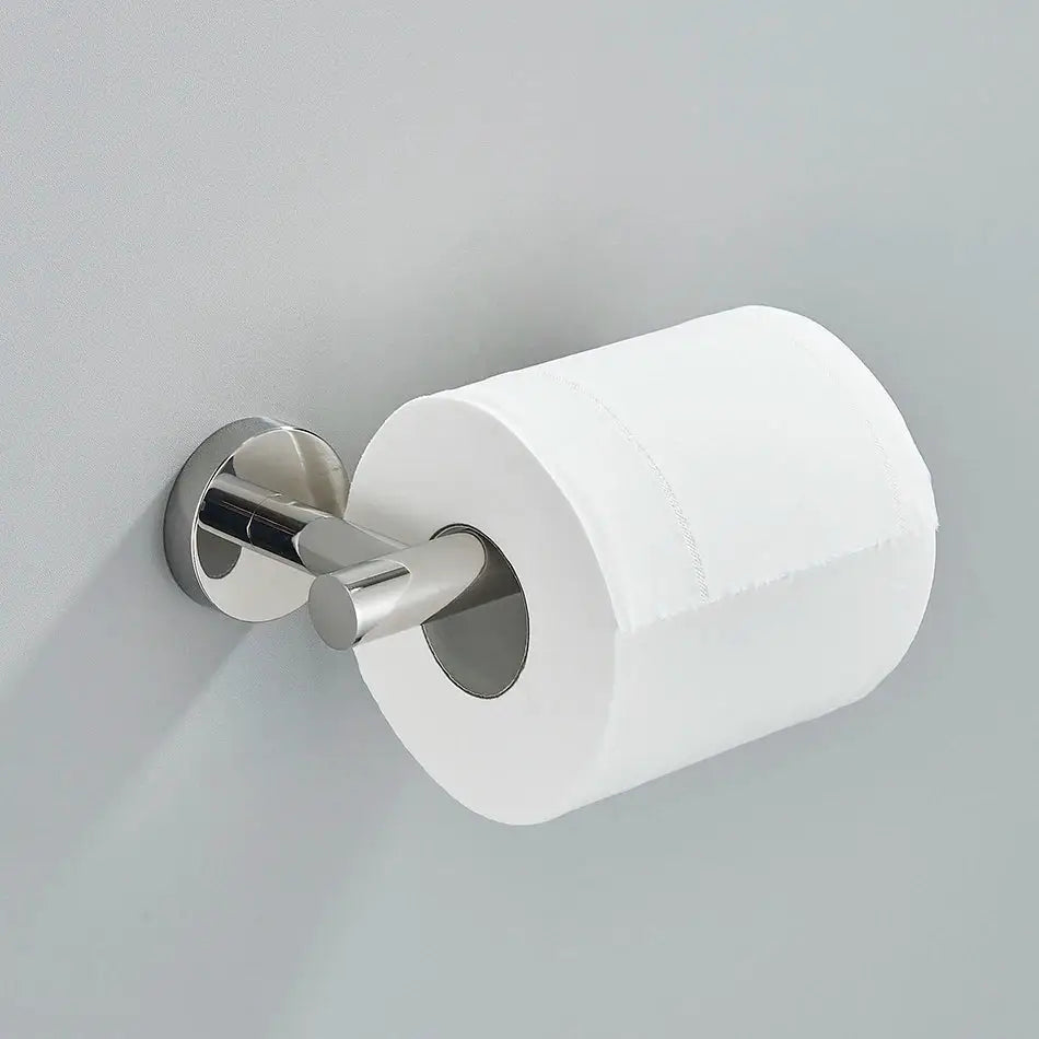Modern brushed gold bathroom hardware set with towel rack and hooks