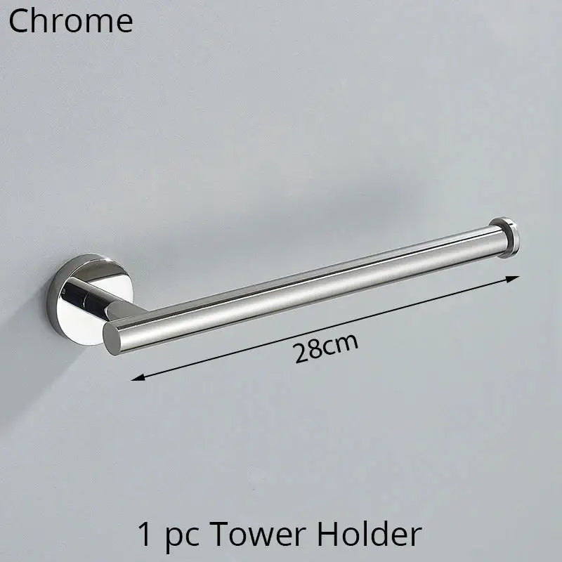 Modern brushed gold bathroom hardware set with towel rack and hooks