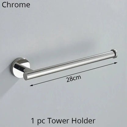 Modern brushed gold bathroom hardware set with towel rack and hooks