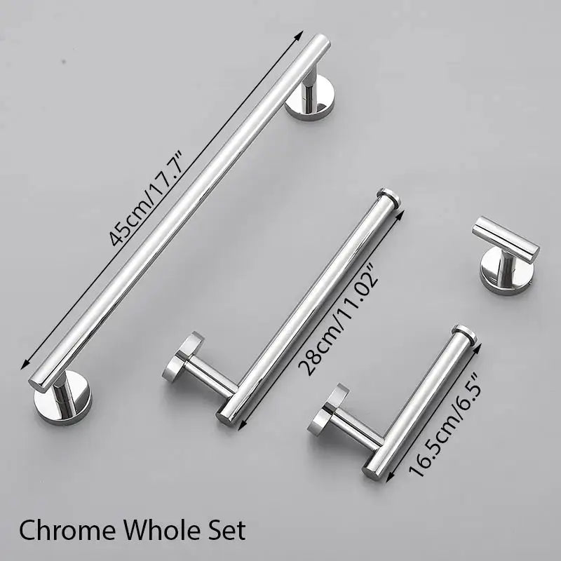 Modern brushed gold bathroom hardware set with towel rack and hooks
