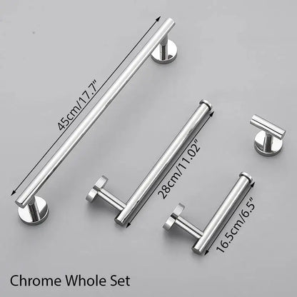 Modern brushed gold bathroom hardware set with towel rack and hooks