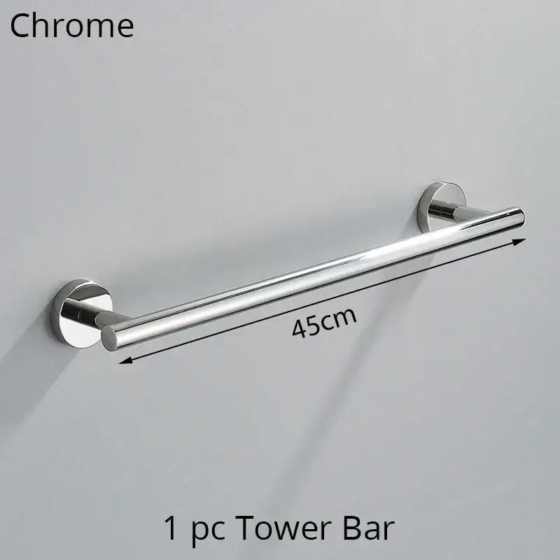 Modern brushed gold bathroom hardware set with towel rack and hooks
