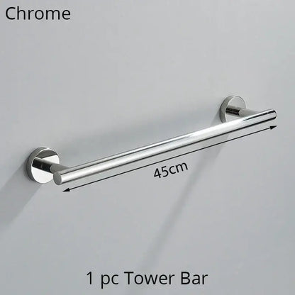 Modern brushed gold bathroom hardware set with towel rack and hooks