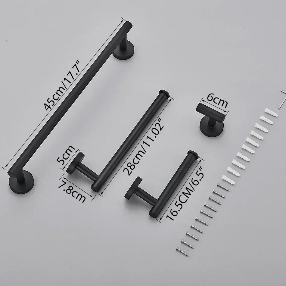 Modern brushed gold bathroom hardware set with towel rack and hooks