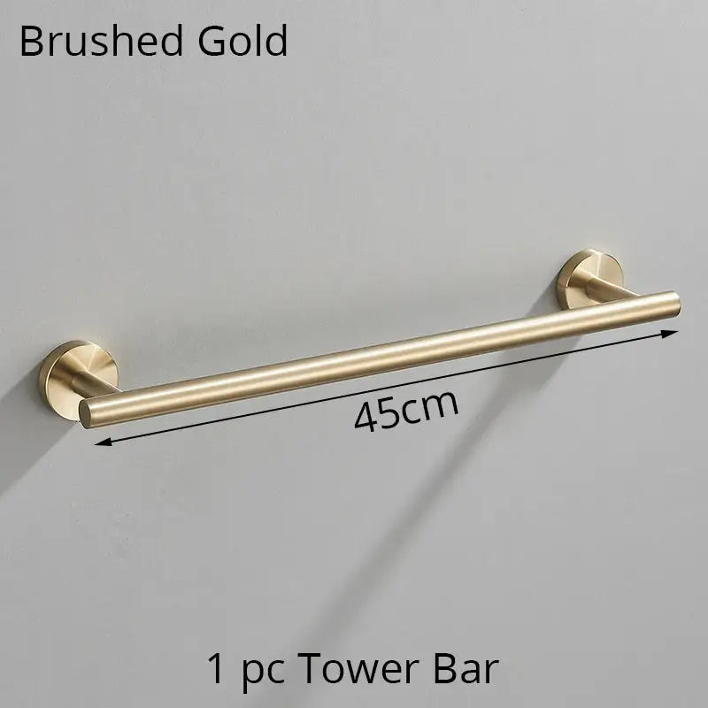 Modern brushed gold bathroom hardware set with towel rack and hooks