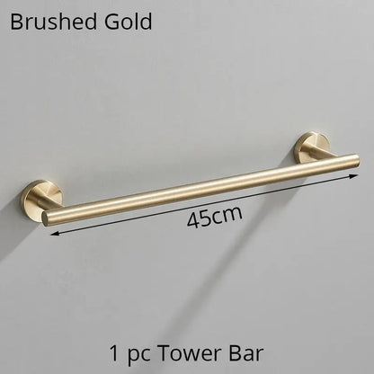 Modern brushed gold bathroom hardware set with towel rack and hooks