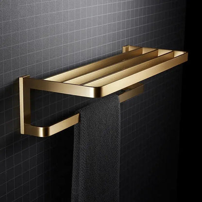 Modern brushed gold bathroom hardware set with towel rack
