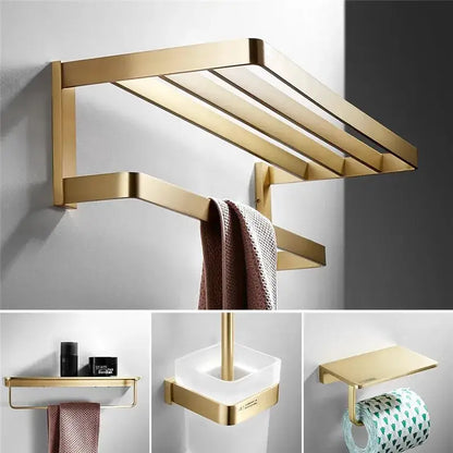Modern brushed gold bathroom hardware set with towel rack