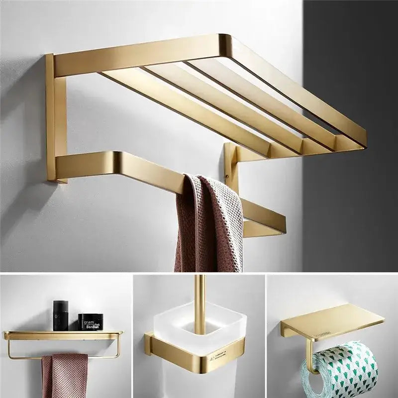 Modern brushed gold bathroom hardware set with towel rack