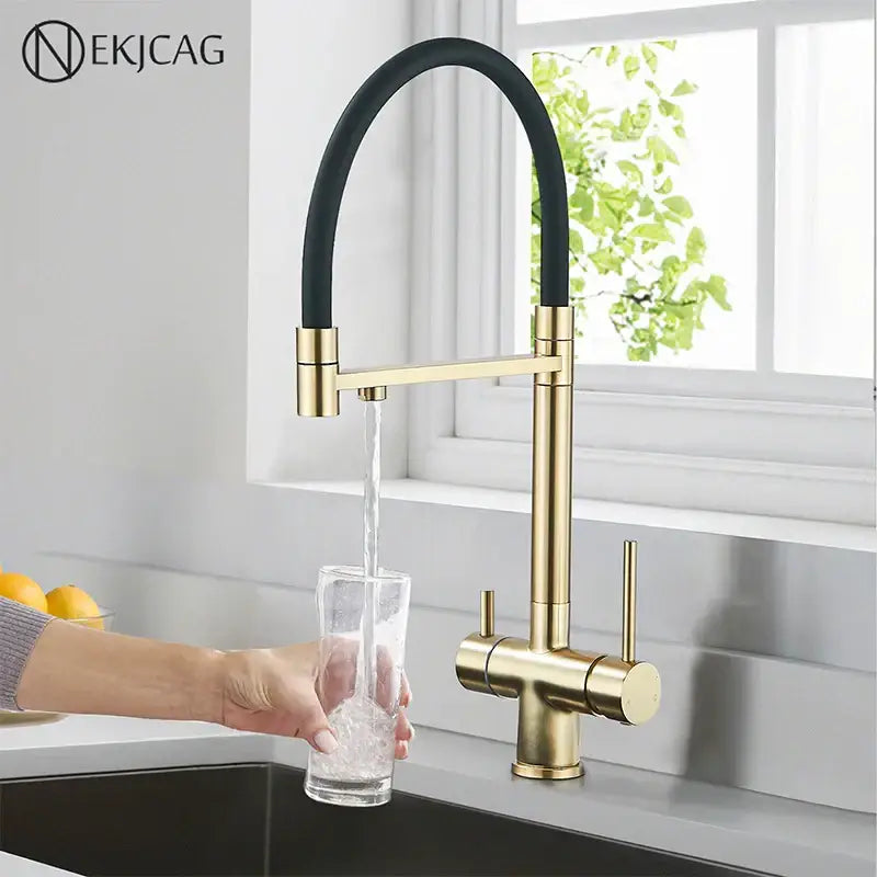 Modern brushed gold & black dual handle pull out kitchen faucet