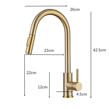 Modern brushed gold & black kitchen faucet with pull out hose