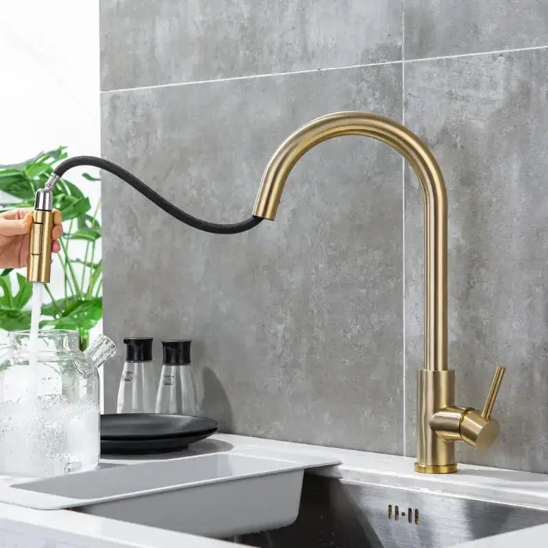 Modern brushed gold & black kitchen faucet with pull out hose
