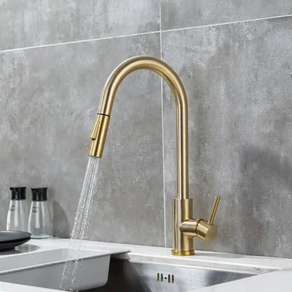 Modern brushed gold & black kitchen faucet with pull out hose