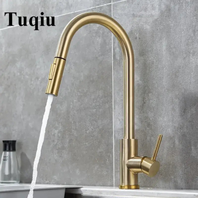 Modern brushed gold & black kitchen faucet with pull out hose