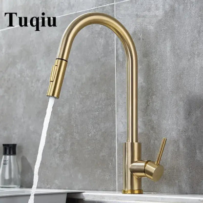 Modern brushed gold & black kitchen faucet with pull out hose