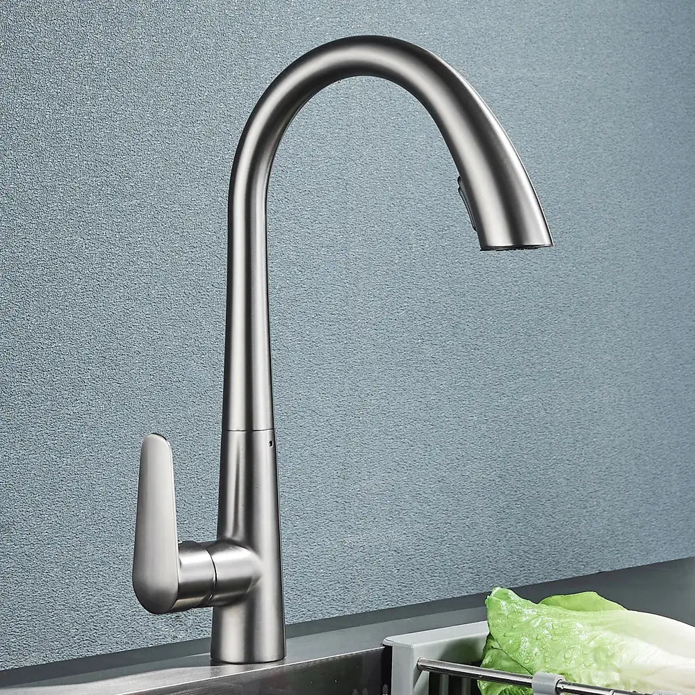 Modern brushed gold gourmet kitchen faucet with flexible pull out tap