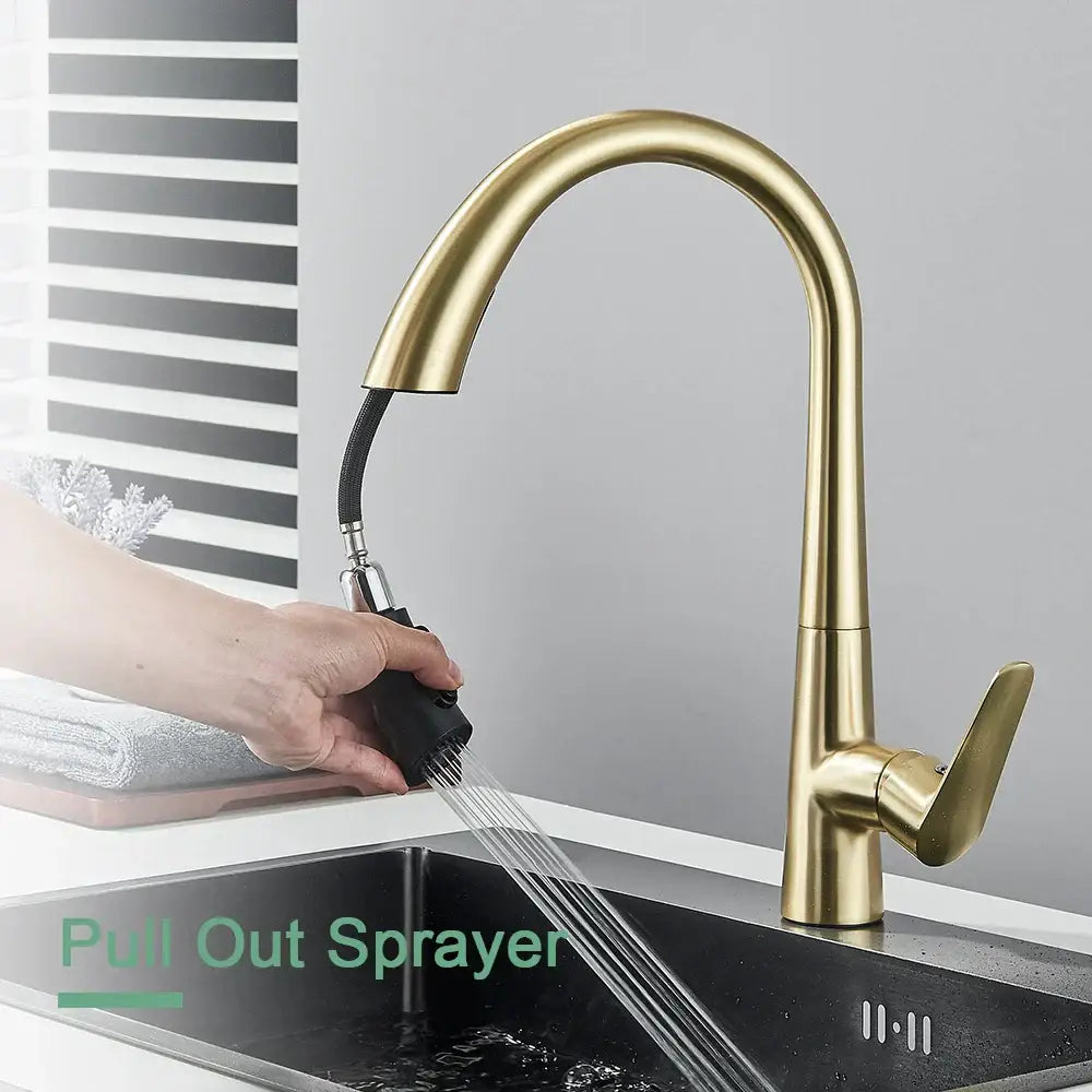 Modern brushed gold gourmet kitchen faucet with flexible pull out tap