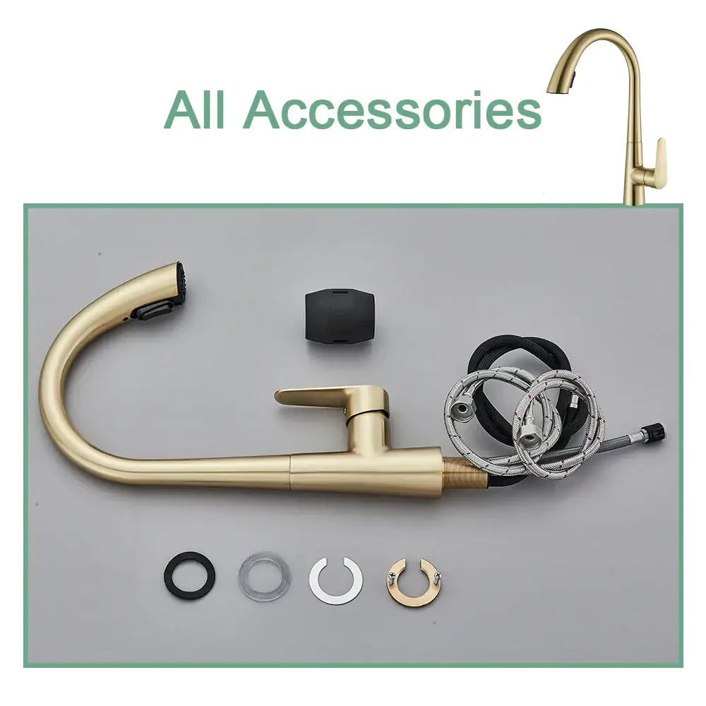 Modern brushed gold gourmet kitchen faucet with flexible pull out tap