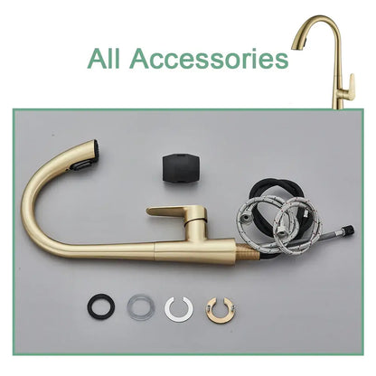 Modern brushed gold gourmet kitchen faucet with flexible pull out tap