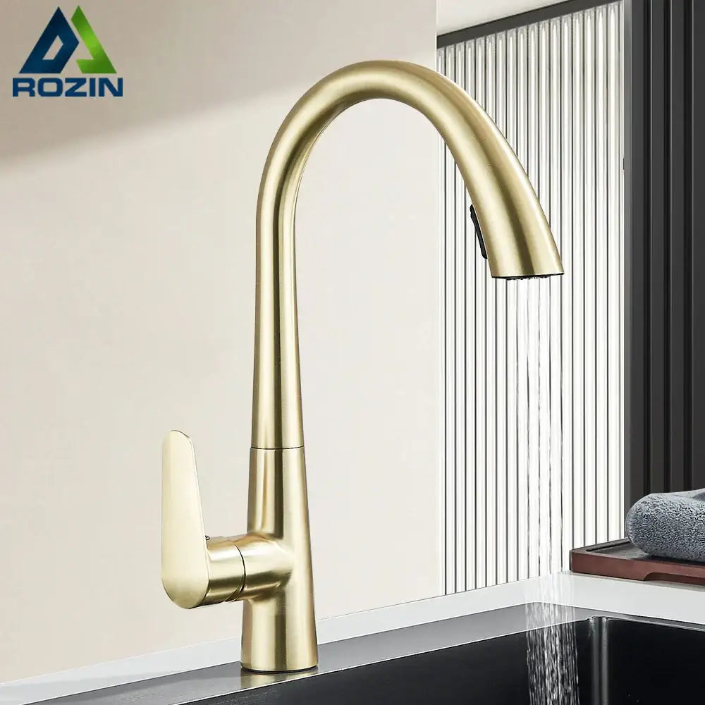 Modern brushed gold gourmet kitchen faucet with flexible pull out tap