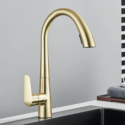 Modern brushed gold gourmet kitchen faucet with flexible pull out tap