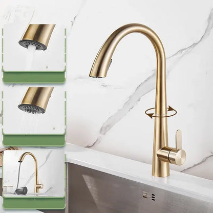 Modern brushed gold kitchen sink faucet with pull out spring spout