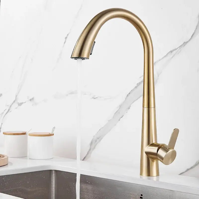 Modern brushed gold kitchen sink faucet with pull out spring spout