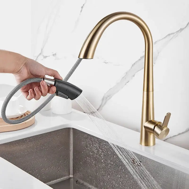 Modern brushed gold kitchen sink faucet with pull out spring spout