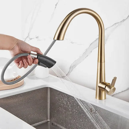 Modern brushed gold kitchen sink faucet with pull out spring spout