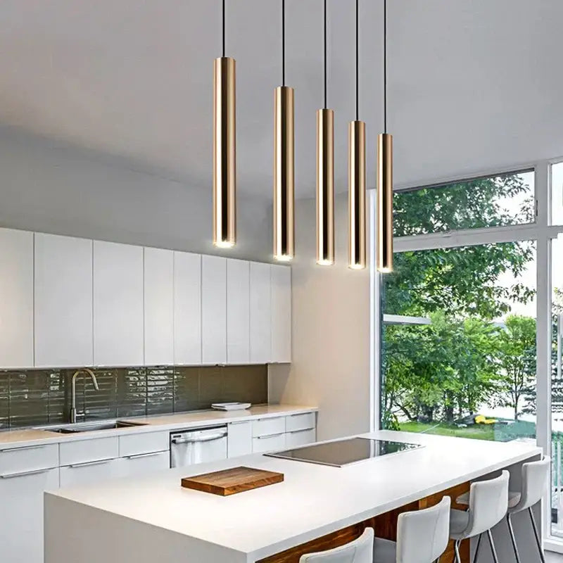 Modern brushed gold led pendant light dining room cylindrical lamp