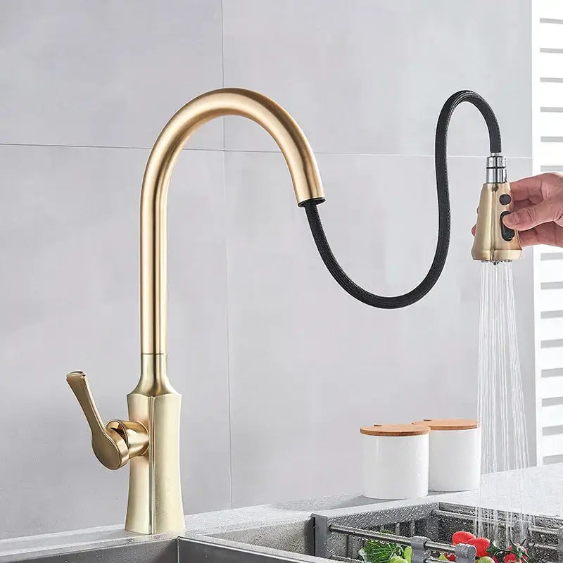 Modern brushed gold pull out kitchen faucet with spring spray head