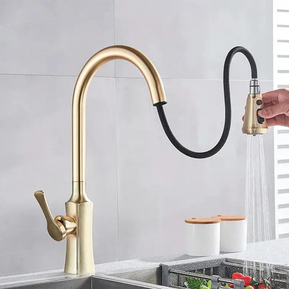 Modern brushed gold pull out kitchen faucet with spring spray head