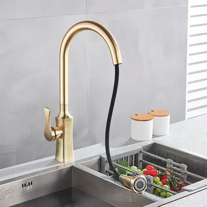 Modern brushed gold pull out kitchen faucet with spring spray head