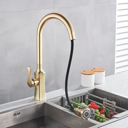 Modern brushed gold pull out kitchen faucet with spring spray head