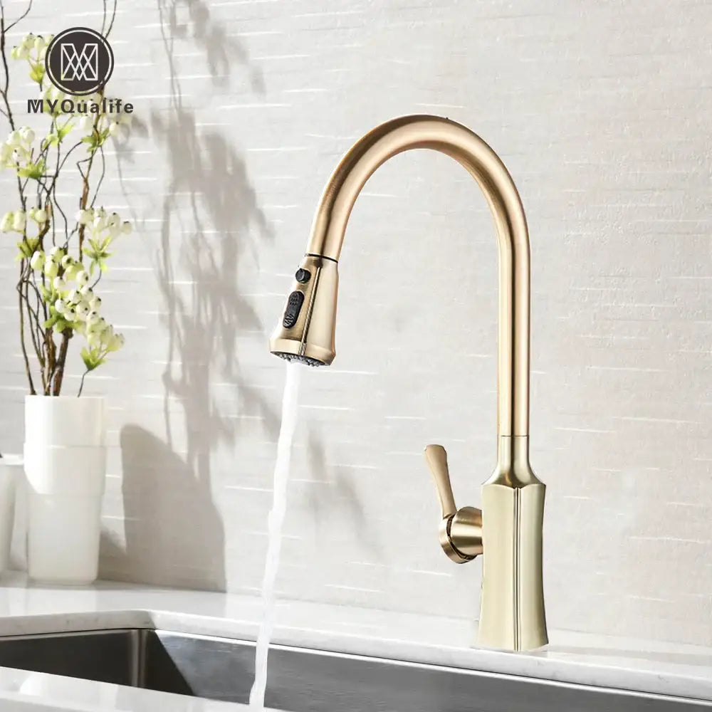 Modern brushed gold pull out kitchen faucet with spring spray head