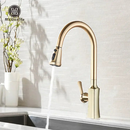 Modern brushed gold pull out kitchen faucet with spring spray head