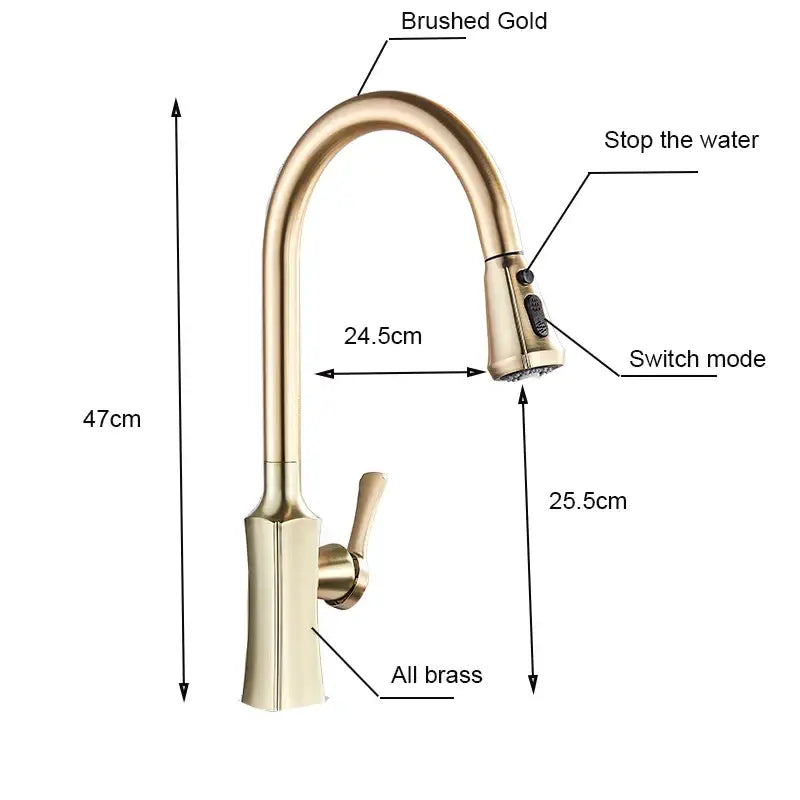 Modern brushed gold pull out kitchen faucet with spring spray head