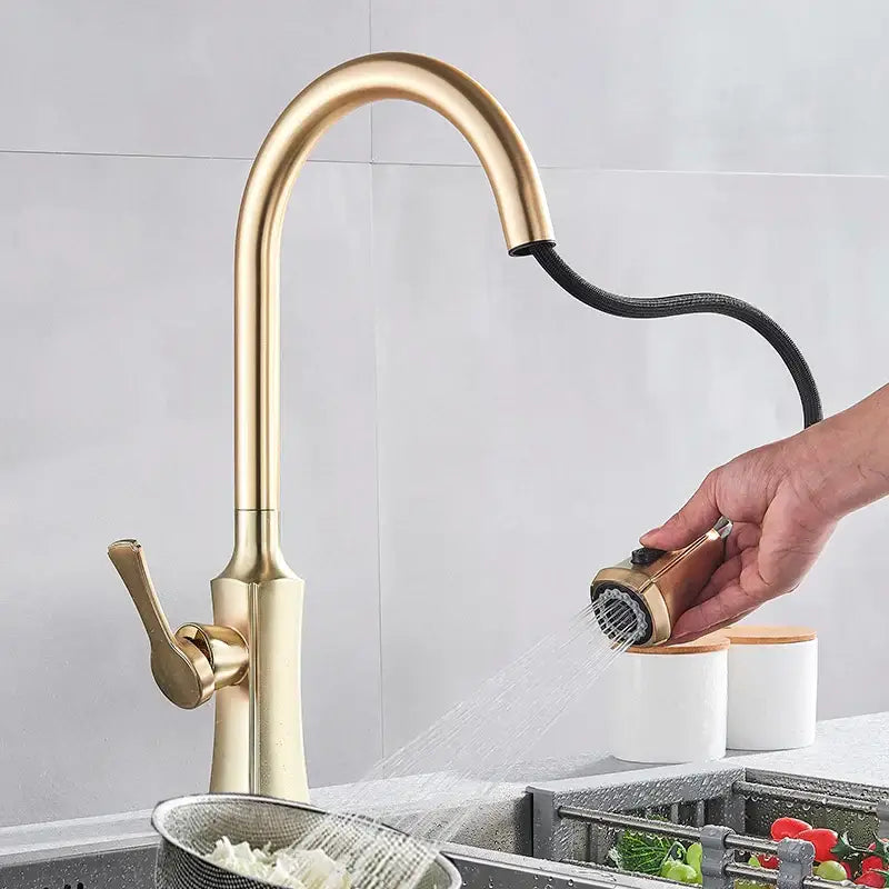 Modern brushed gold pull out kitchen faucet with spring spray head