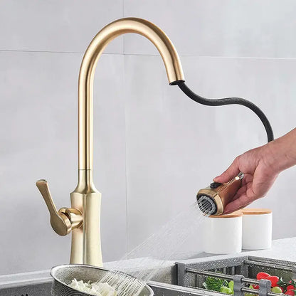 Modern brushed gold pull out kitchen faucet with spring spray head