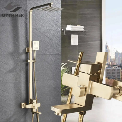 Modern brushed gold rain shower set bathroom mixer with handheld spray