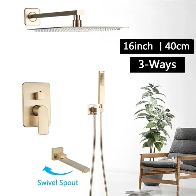 Modern brushed gold rainfall shower set bathroom wall mounted mixer