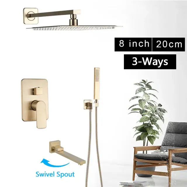 Modern brushed gold rainfall shower set bathroom wall mounted mixer