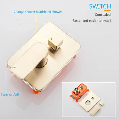 Modern brushed gold rainfall shower set bathroom wall mounted mixer