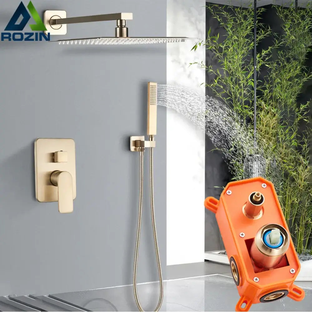 Modern brushed gold rainfall shower set bathroom wall mounted mixer
