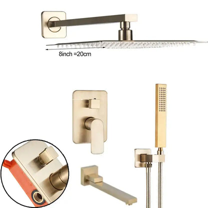 Modern brushed gold shower mixer with rainfall head for bathroom