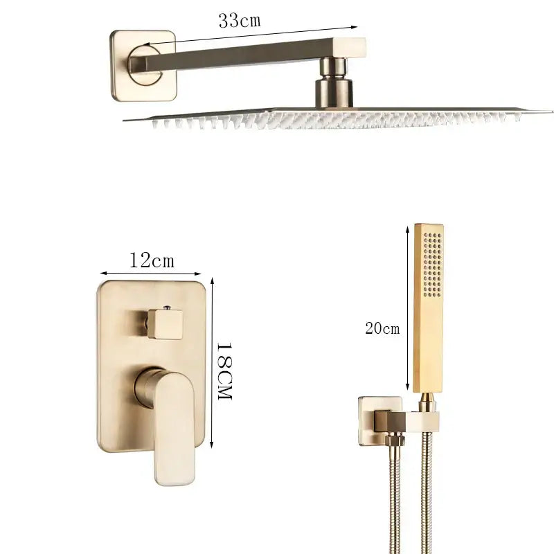 Modern brushed gold shower mixer with rainfall head for bathroom
