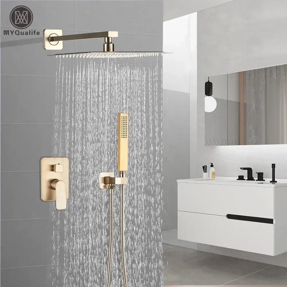 Modern brushed gold shower mixer with rainfall head for bathroom