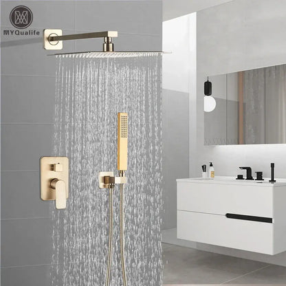 Modern brushed gold shower mixer with rainfall head for bathroom