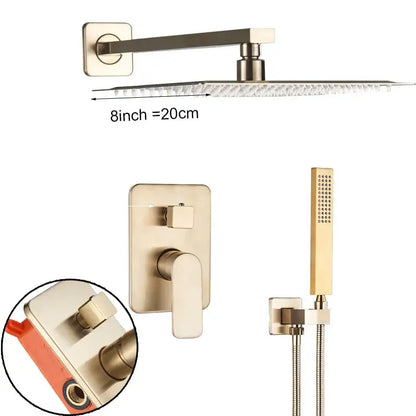 Modern brushed gold shower mixer with rainfall head for bathroom