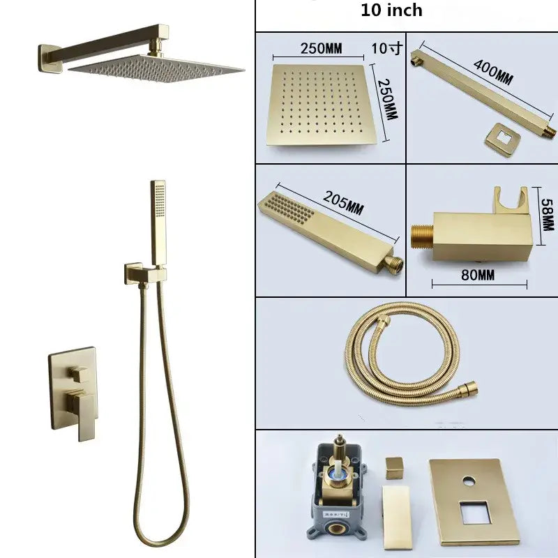 Modern brushed gold shower set with square rainfall head bathroom